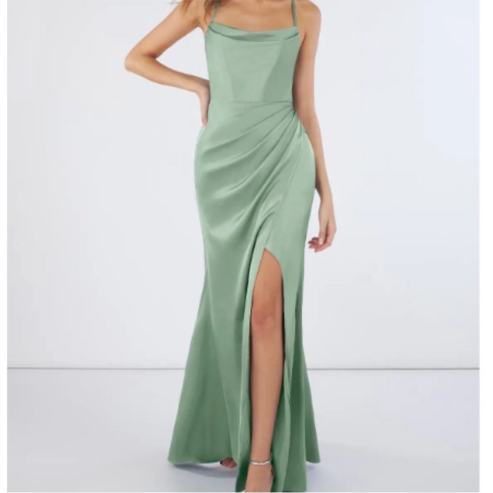 AZAZIE MARZIA Sheath Pleated Stretch Satin Dress in Agave Size A0